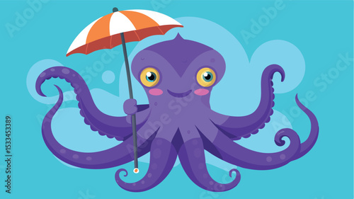 Cute purple octopus holding an umbrella in a bright ocean background during a sunny day