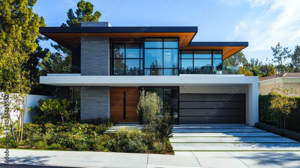 Fototapeta premium A modern, minimalist house with a glass facade and black accents, set against a clear blue sky with scattered clouds.