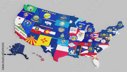 A high-quality 3D illustration of the United States map, featuring each state filled with its official flag. Perfect for educational materials, political infographics, travel content, and patriotic de