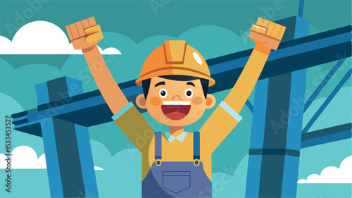 Construction worker celebrates success at a site in bright daylight