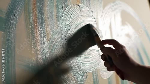 Closeup of Hand Cleaning Foggy Window with Finger in Morning Light