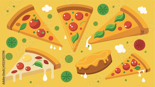 Various colorful pizza slices on a yellow background showcasing diverse toppings and a vibrant design
