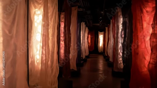 Colorful Fabric Panels Hanging in Artistic Installation with Soft Lighting and Dim Environment