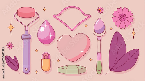 Various skincare tools and products on a pastel background