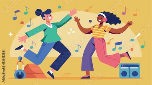 Friends dancing joyfully together in vibrant colors during a lively music party at home