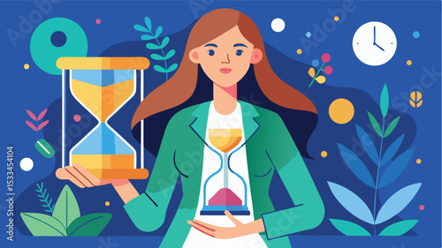 Illustration of a woman holding hourglasses in a colorful abstract setting