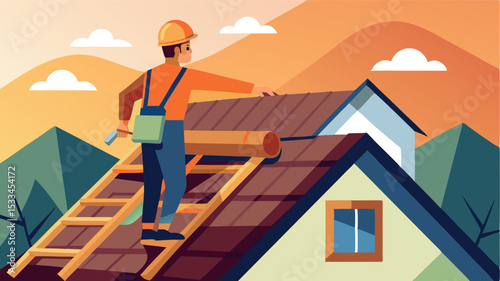 Construction worker repairing a roof at sunset in a mountainous area