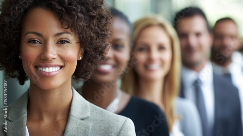 A diverse group of business professionals standing in a row, with a woman in the foreground smiling and a man in the background, all dressed in business attire.