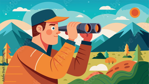 Hiker using binoculars to observe nature in mountains during a sunny day