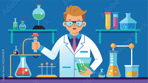 Scientist conducting experiments in a colorful laboratory with various glassware