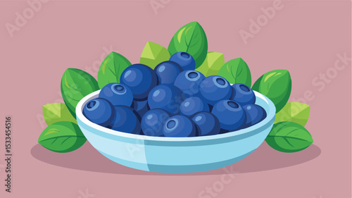 Fresh blueberries in a bowl with green leaves displayed on a pastel background
