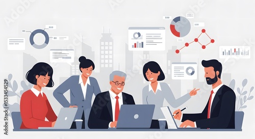 A group of smiling businesspeople is working together on a presentation at a corporate meeting desk, analyzing a graph on a laptop