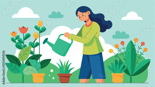 Gardener waters plants in a colorful garden setting during a sunny day