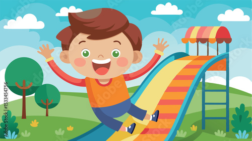 Child enjoying a colorful slide at a bright playground in a sunny park
