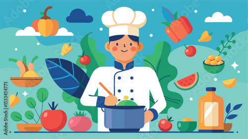 Chef preparing a colorful meal with fresh vegetables and fruits in a bright kitchen