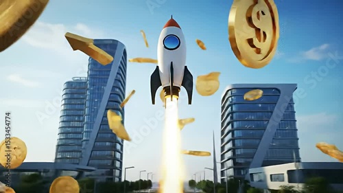 Rocket Launching Upward with Falling Coins and Arrow Symbols in a City Street Scene