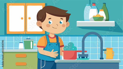 Child washing dishes in a colorful kitchen during the day