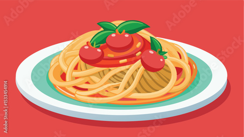 Delicious spaghetti with fresh tomatoes and basil on a colorful plate ready to enjoy