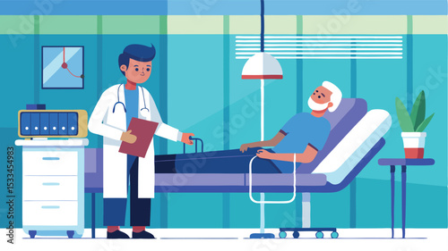Medical consultation taking place in a clinic with a doctor and elderly patient