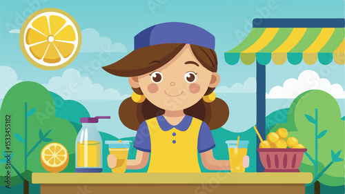 Young girl selling fresh lemonade at a sunny outdoor stand near a park on a warm afternoon