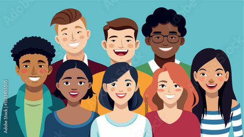 Diverse group of young adults smiling together in a vibrant setting filled with positivity and joy