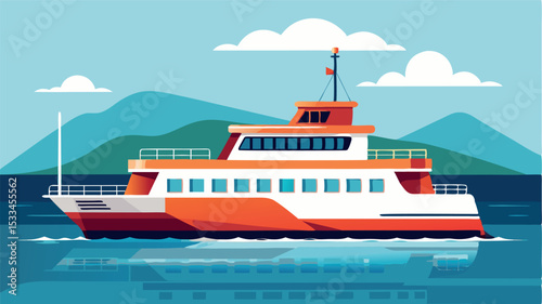 Colorful ferry sailing across tranquil waters with mountains in the background during a sunny day