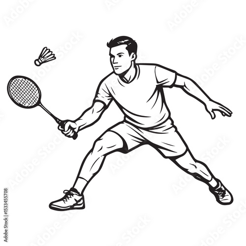 A black and white vector shows a male badminton player in action, outlined in bold black lines to emphasize agility, focus, and competitive energy.
