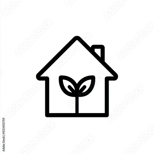 Eco house icon with plant inside, simple black line design on white background