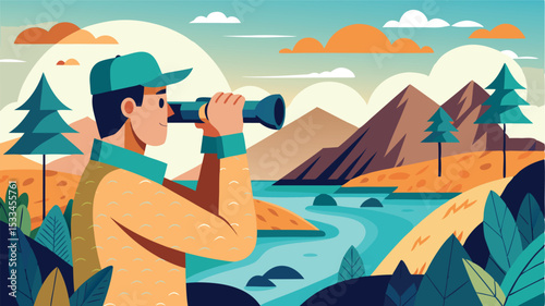 Person observes nature with binoculars in a scenic landscape during daytime