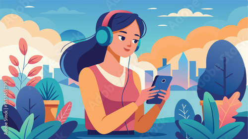 Young woman listening to music while using smartphone outdoors in a vibrant urban setting