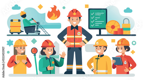 Diverse team of firefighters collaborating in a modern workspace on safety tasks