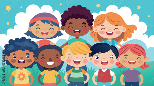 Group of smiling children enjoying a sunny day outdoors in a colorful setting with vibrant skies and playful expressions