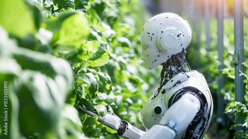 A robot in a greenhouse, interacting with plants, wearing a helmet and gloves, surrounded by green and white plants, with a blurred background.