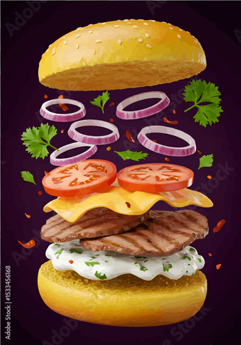 Exploded View of Gourmet Burger with Flying Ingredients