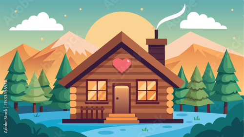 Cozy wooden cabin near mountains with a heart symbol at sunset