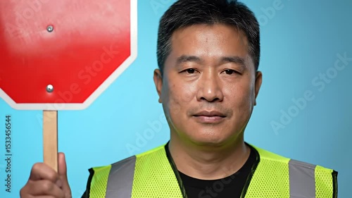 Man Face Close Up Smiling Wearing Safety Vest on Blue Background