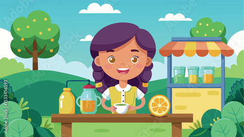 Young girl selling lemonade in a sunny park setting with trees and lemonade stand