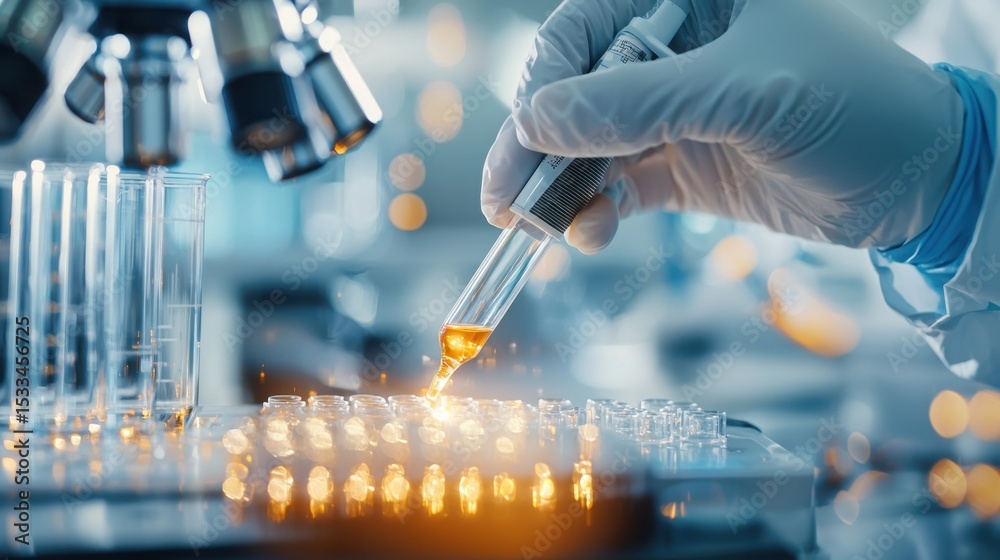A gloved hand uses a pipette to transfer an orange liquid into test tubes in a laboratory setting with a microscope in the background. A gloved hand uses a pipette to transfer an orange liquid into test tubes in a laboratory setting with a microscope in the background.