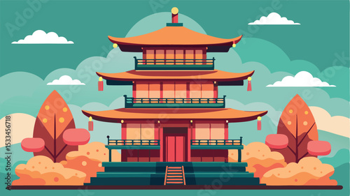 Stylized Asian pagoda amid colorful autumn landscape with fluffy clouds