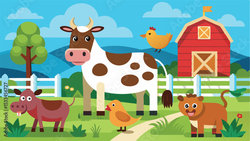 Colorful cartoon farm scene featuring friendly animals and a red barn with a clear blue sky