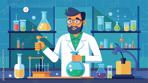 Scientist conducting experiments in a colorful laboratory with various glassware and instruments