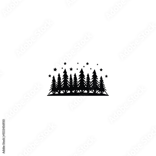 A silhouette of a forest at twilight with stars on white background