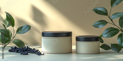 Minimalist cream container mockup with black lids and natural accents


