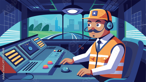 Train operator skillfully managing controls in an urban setting