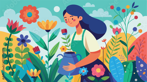 Woman tending to a vibrant garden filled with flowers in a sunny landscape, showcasing her love for nature and gardening