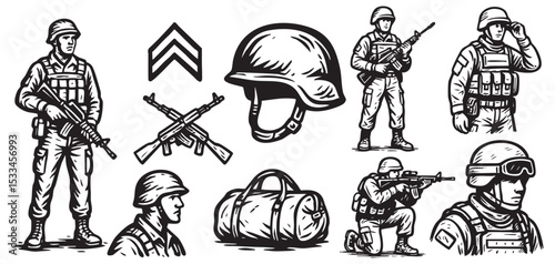 Military and Soldier Equipment Set with Helmet, Rifle, and Army Gear Vector Illustration