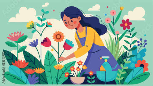 Woman tending to a vibrant garden filled with flowers and greenery on a sunny day