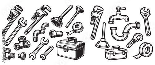 Plumbing Tools Set with Wrench, Plunger, Faucet, and Pipe Fittings Black and White Vector Illustration