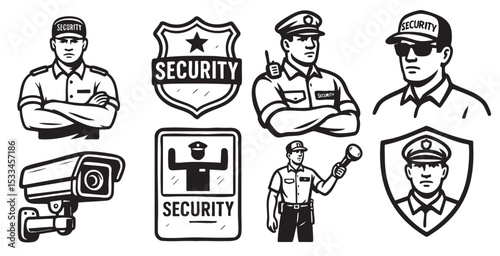Security Guard Set with CCTV Camera, Badge, Uniform, and Flashlight Black and White Vector Illustration