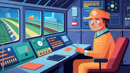 Control room of a train operator during a journey through a scenic landscape